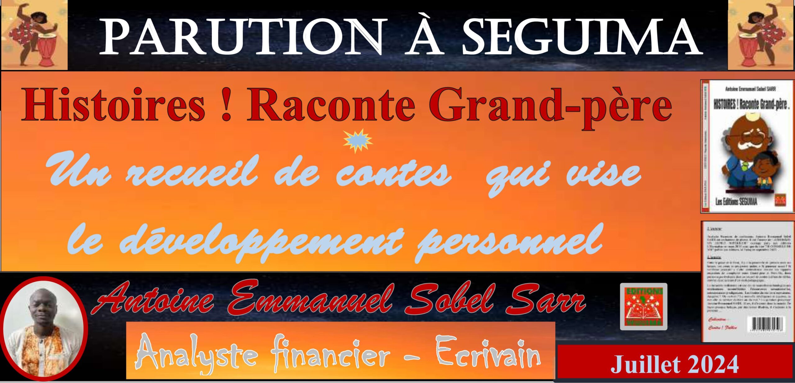 Entre le passé et le futur, il y a la passerelle du présent, avec ses bosses, ses creux et ses pentes raides. « Si jeunesse savait ! Si vieillesse pouvait ! » Cette ambivalence résume les rapports empreints de complicité entre Grand-père et Petit-fils, deux personnages évoluant dans ce recueil de contes, comme deux acteurs d’un récit pédagogique. Le troisième millénaire est une ère de nouvelles technologies aux implications incontrôlables. Découvertes sensationnelles, connaissances prodigieuses. Les limites du réel sont repoussées. Jusqu’où ? Où va-t-on ? La nouvelle intelligence si aiguisée, se met-elle au service du bien ou du mal ? La question préoccupe Antoine Emmanuel Sobel SARR. Alors, il s’investit avec humilité dans le domaine éducatif par le biais de leçons de morale qui visent le développement personnel, notion qui lui est chère pour qui le connait. D’ailleurs, c’est un récidiviste. Il a déjà publié deux ouvrages dans le même domaine : «L'HOMME: UN ESPRIT SUPÉRIEUR" ouvrage paru aux éditions L'Harmattan en mars 2015 ainsi que du titre "10 CONSEILS DE VIE" publié aux éditions Al Faruq en septembre 2022. Revenant dans le même domaine, il n’y va pas par une répétition incommodante, heureusement, mais par une remédiation active pour élargir le champ de compréhension. De façon presque ludique mais poussant à la réflexion, par des textes illustrés pour rendre l’œuvre attrayante dès l’abord, il s’adresse à la jeunesse à travers des expériences racontées en une vingtaine d’histoires par Grand-père, un personnage qui rappelle les philosophes grecs procédant par une forme de maïeutique. Le dialogue qui conclue chaque histoire ouvre la porte à une pensée nouvelle, créatrice et utile pour la vie en société. Nous sommes loin de la formule habituelle qui marquait la fin des histoires qu’enfants, on nous racontait : « … C’est suite à cela que le conte a fini par plonger en mer. Le premier qui inspire son exhalaison aura pour demeure le Paradis. » Personnellement je me réjouis du fait que les écrivains africains portent un intérêt nouveau au genre ‘’ Conte’’. En effet, la littérature africaine est outrageusement gouvernée par la poésie, la nouvelle et surtout par le roman. Or voici un genre proche de l’oralité qui encore, nous inspire. Et, puisqu’il faut intéresser la jeunesse à la lecture, pourquoi ne pas passer par l’émerveillement de nos contes et légendes ? SEGUIMA va pour le conte. Après La ferme de Mbegaan Koddu (Peh de Géo) et Les contes d’ANA (NSA ASSEKO Armelle), voici Histoires ! Raconte Grand-père (Antoine Emmanuel Sobel Sarr) Bonne lecture.