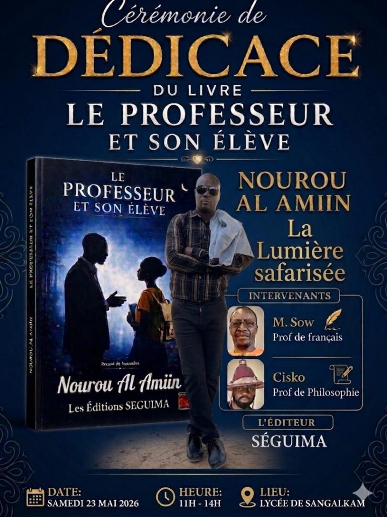 Quand c’est Nourou Al Amiin, c’est la lumière des idées, la brillance de l’inspiration. Si sa plume, parée de couleurs africaines et imbue de spiritualité se promène entre les genres littéraires, de la poésie au théâtre en passant par la nouvelle et le roman, c’est pour nous offrir des moments de bien-être, le temps d’une lecture apaisante et instructive. A SEGUIMA, nous avons connu « S’il vit… » (une pièce de théâtre), « Khadim et Rassoul … Une symphonie céleste » (Poésie) et « Tourmente en haute mer » (Nouvelle). Et puis voici : « Le professeur et son élève. » Pour vous en donner une idée, je mets ici, quelques passages de l’excellente préface de son ami Ibrahima Diome, inspecteur de l’Education, Poète et Critique littéraire. « … Le professeur et son élève est constitué d’une série de nouvelles riches en dialogues mais aussi en descriptions, comportant des textes à la fois instructifs et émouvants dans lesquels de belles histoires individuelles, sont transformées en paraboles universelles. Tout passionné de philosophie morale, de pensées révolutionnaires, de littérature postmoderniste peut y explorer les frontières – entre pluralité de cultures, entre optimisme et pessimisme, entre désespérance et espoir – avec élégance. L’auteur nous invite à une subtile plongée dans les abysses d’une société matérialiste et individualiste, obnubilée par ses désirs, son esprit critique, ses luttes, ses échecs, ses victoires et ses fantasmes. En outre, ce texte véhicule, avec acuité, une leçon digne d’une pédagogie qui pourrait bénéficier, au-delà de l’élève, aux jeunes enseignants africains trop portés sur des développements théoriques. Ici, le professeur adopte une méthode didactique basée sur une interaction entre l’élève, qui participe à sa propre formation et le professeur à la démarche socratique (la maïeutique) qui entraine l’apprenant sur le terrain de la réflexion philosophique, à partir de ses propres interrogations. Cette démarche s’appuie sur la métacognition, le tâtonnement expérimental, la théorie constructiviste qui prône que l’élève est le propre artisan de ses connaissances, de ses compétences… Sur le plan stylistique, le narrateur passe du récit initiatique « Un professeur et son élève » à la fable morale « La coquette punaise », en passant par le drame social « Mariage sous la table » et la méditation poétique « Libres pensées ». Le mythe de l’amour, la complexité de la raison, la renaissance africaine, l’amour de la sagesse, la quête de l’ataraxie, le goût de l’exotisme, la responsabilité, le dialogue interculturel sont les thèmes principaux de ce recueil, placé sous le signe de l’interrogation philosophique, sous le prisme du doute cartésien. Cette diversité thématique découle de l’actualité, enrichit la lecture sans la sortir du thème central: L’éducation. Que dire d’autre, sinon qu’entre “L’art pour l’art“ et “L’art au servir de grandes causes, Nuuru sait où il faut mettre le curseur. Stendal l’y aide : « Le roman est un miroir que l’on promène le long d’une route » et Hugo le conforte : « L’art pour l’art c’est beau, mais l’art pour le progrès est plus beau encore »