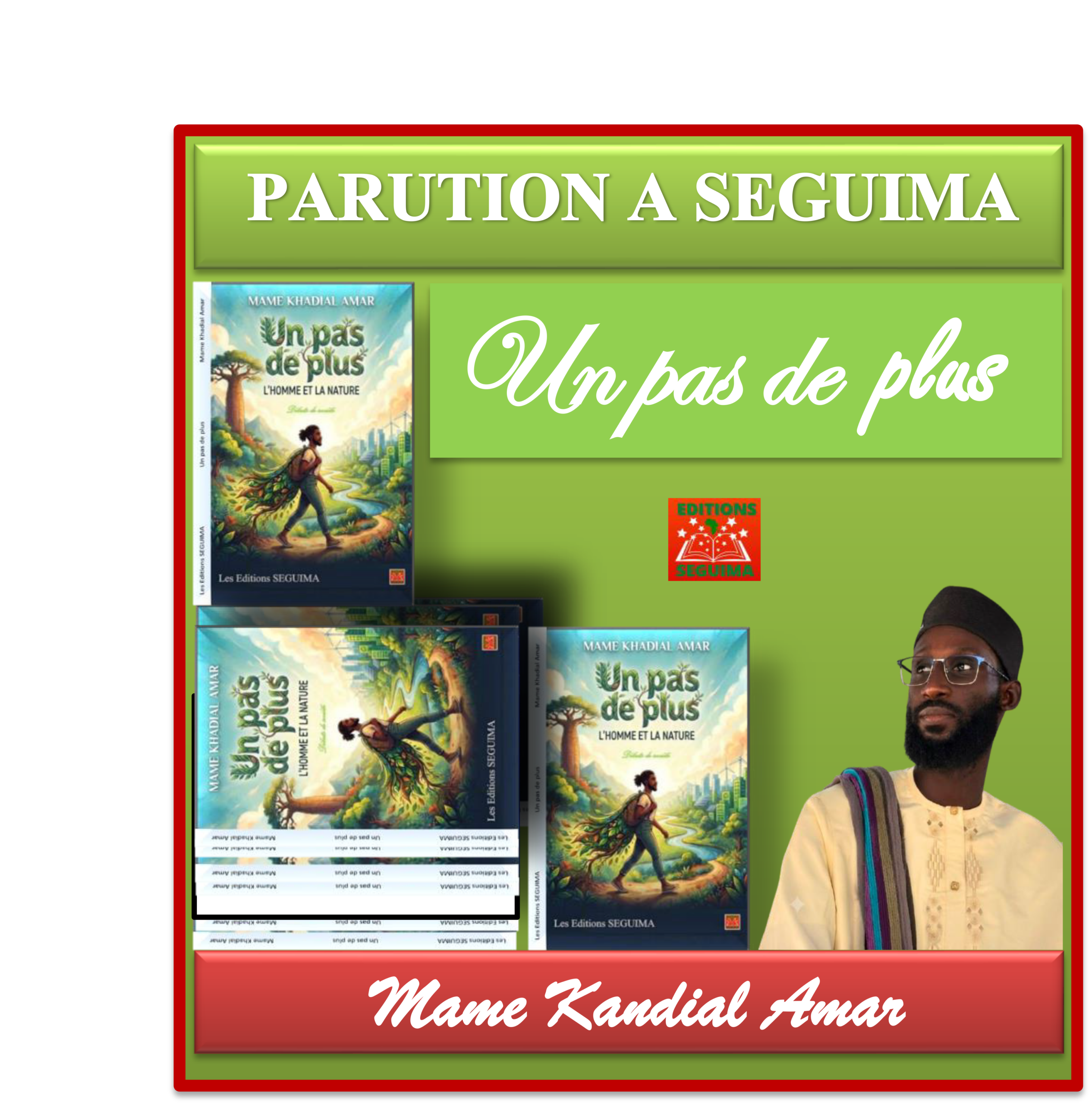 Pendant longtemps, la banlieue dakaroise est restée le territoire des combats de lutte, la chasse gardée des rappeurs et des acteurs de théâtre. Le livre, la lecture et les activités littéraires étaient en quelque sorte l’affaire des privilégiés souvent logés en ville. Depuis quelques années, une révolution s’est opérée à l’insu des élites : c’est la démocratisation de la lecture et des débats de société de plus en plus hauts en couleur. Peut-être, le renouvellement de notre littérature quelque peu sclérosée viendra-t-elle de là. En tout cas, la tendance est l’entrée de jeunes têtes pensantes dans le cénacle jadis bunkerisé par notre esprit un peu trop élitiste. Artiste multidimensionnel : musicien, scénariste, producteur de spectacles, Mame Kandial Amar est le directeur de la formation Jappad'art, une société de création artistique qui encourage la création par les jeunes. Sa passion débordante pour la nature fait de lui un militant écologiste qui n’a point besoin d’un parti politique pour mener son combat qui vise une protection responsable de notre environnement. Pour lui, la nature est une déesse à vénérer et une compagne à chouchouter. Dans son ouvrage « Un pas de plus… » Il expose ses idées et ses ressentis pour échange et partage. Ainsi, dans un monde où le bruit étouffe le silence, où l’art se réduit souvent à un produit de consommation et où l’écologie est un mot galvaudé, Amar nous offre avec Un pas de plus, une œuvre aussi engagée que poétique, aussi spirituelle que sociale. Il prône l’émergence d’un monde où l’art, la spiritualité et l’écologie se rejoignent pour guider l’humanité vers plus d’équilibre, de respect et de sens. Mame Khadial Amar invite chacun à laisser une empreinte positive sur Terre. En somme, ce texte, à mi-chemin entre le manifeste, la satire et la méditation, est une invitation urgente à réinventer notre rapport au vivant, à l’art et à nous-mêmes. Bonne lecture